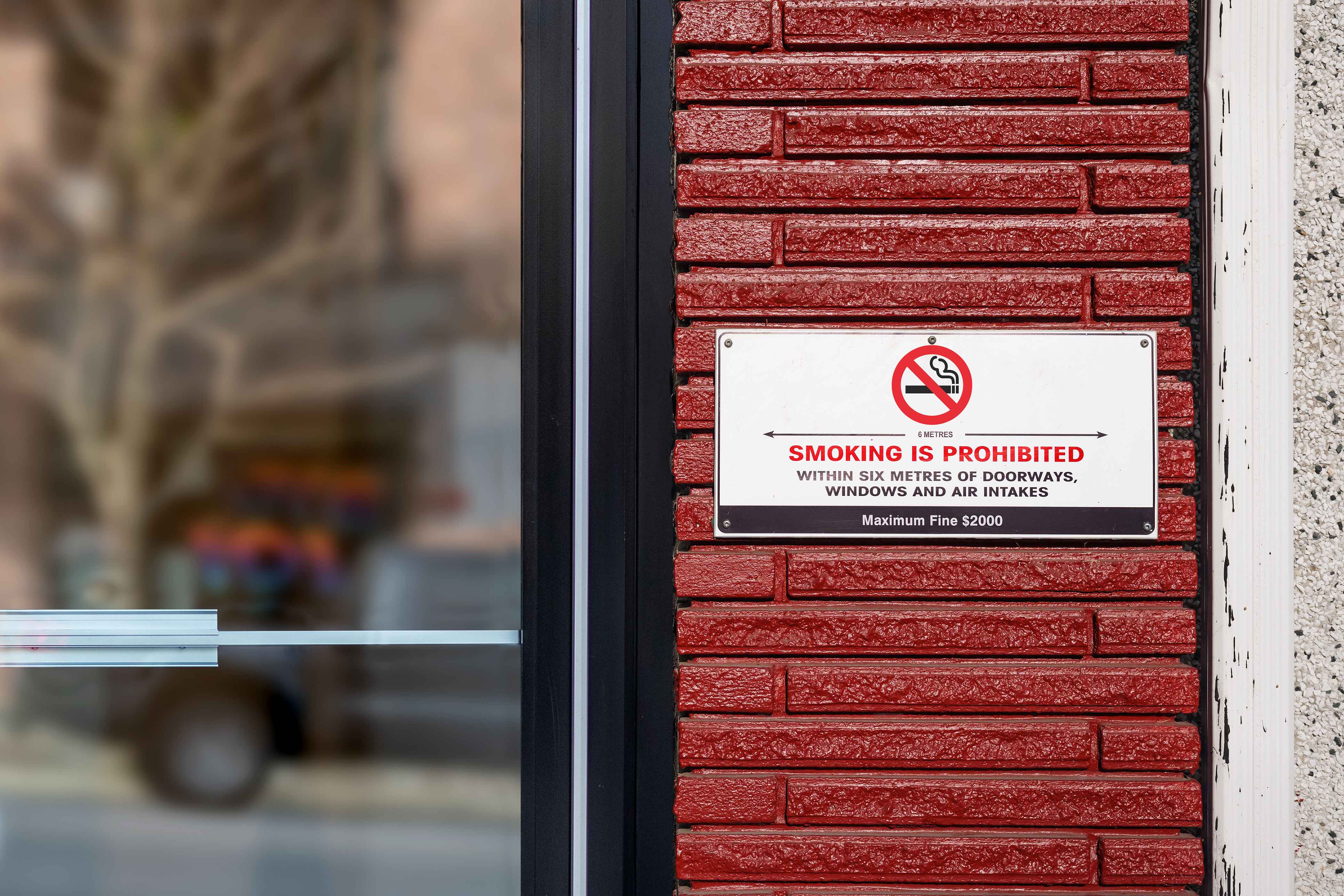 Sign prohibiting smoking mounted on a red brick wall next to a glass door.