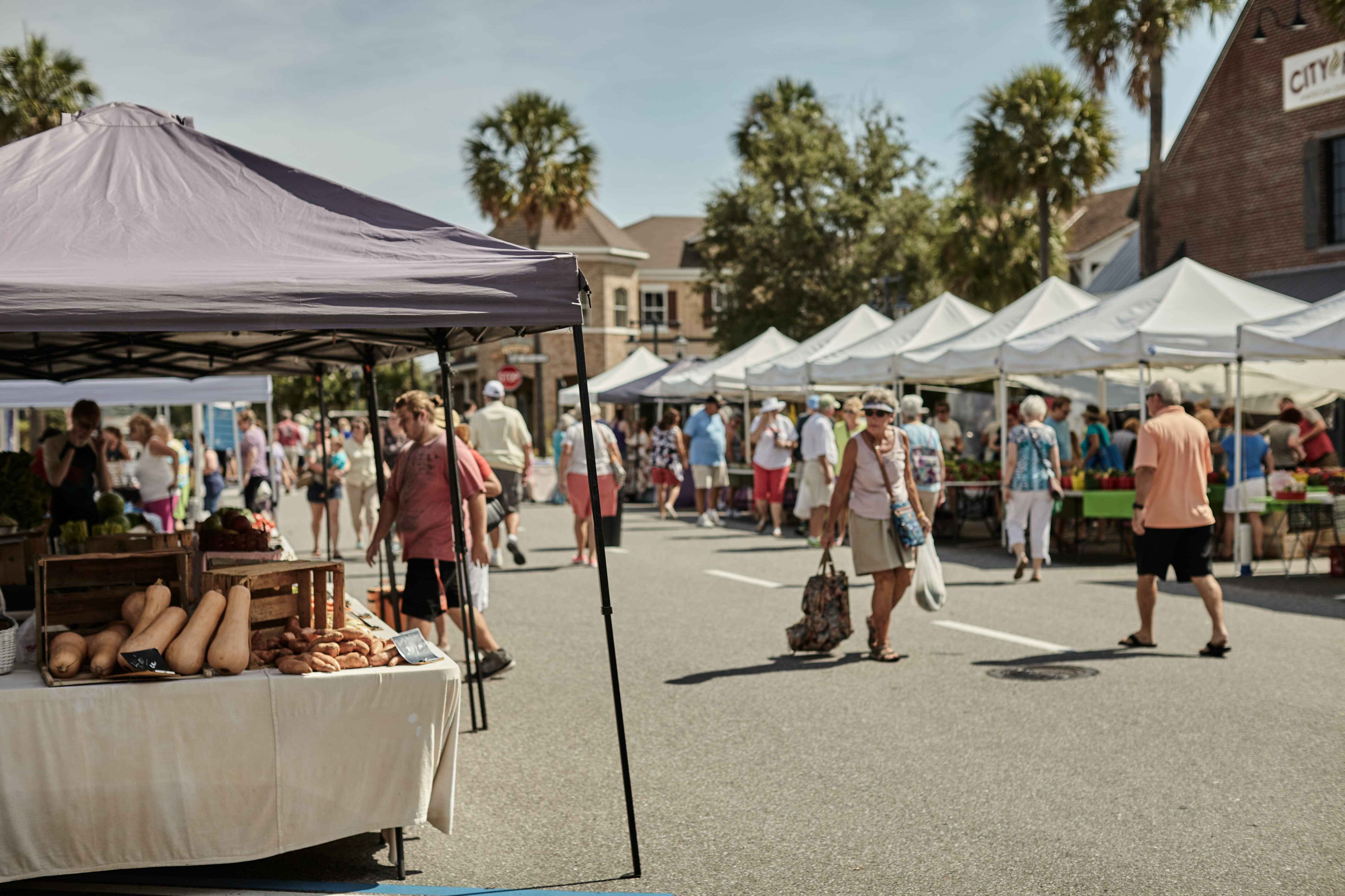 Outdoor market with tents, people shopping, and produce on display.