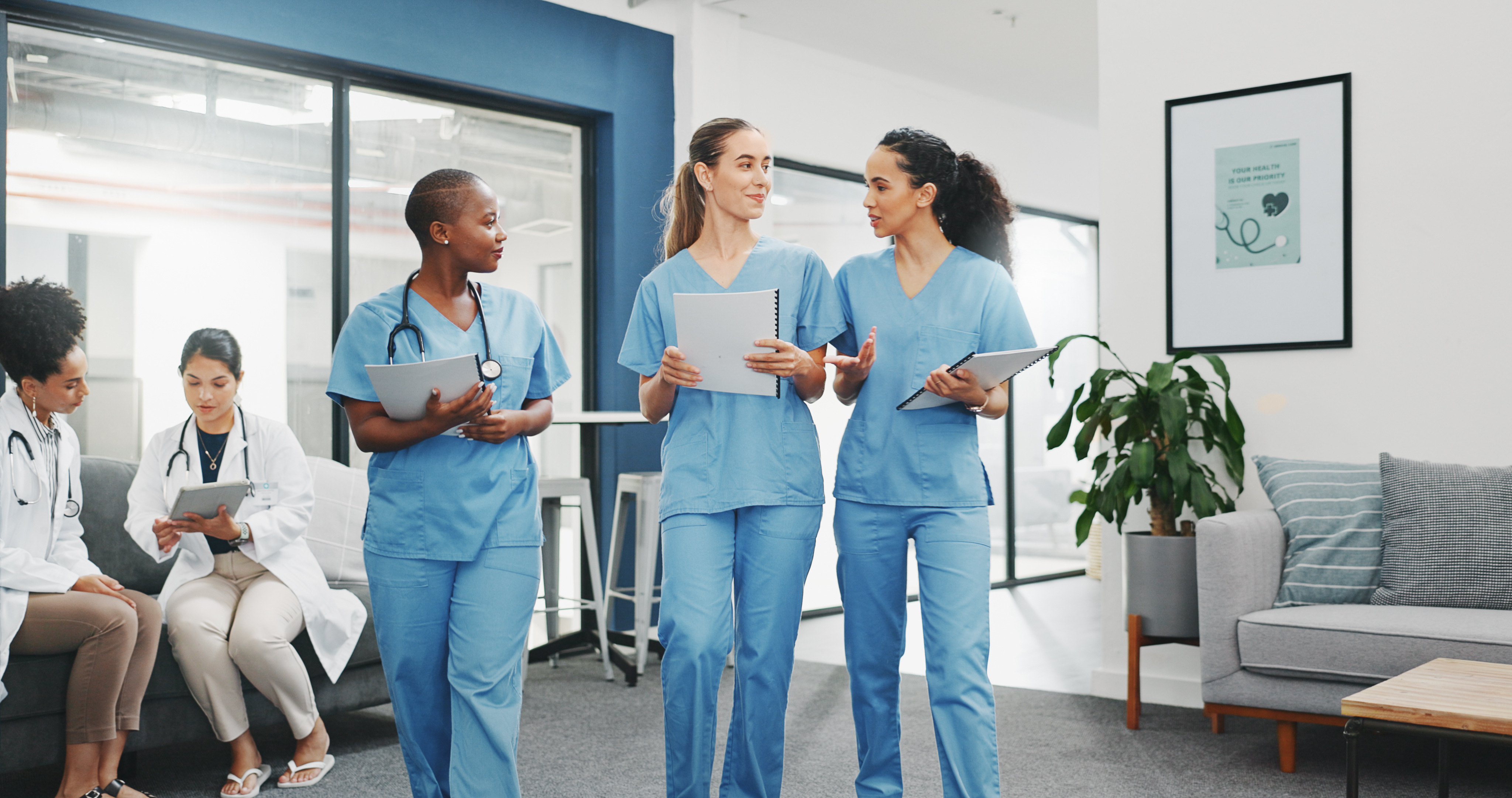 healthcare workers walking