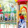 Children playing on a colorful playground with trees in the background.
